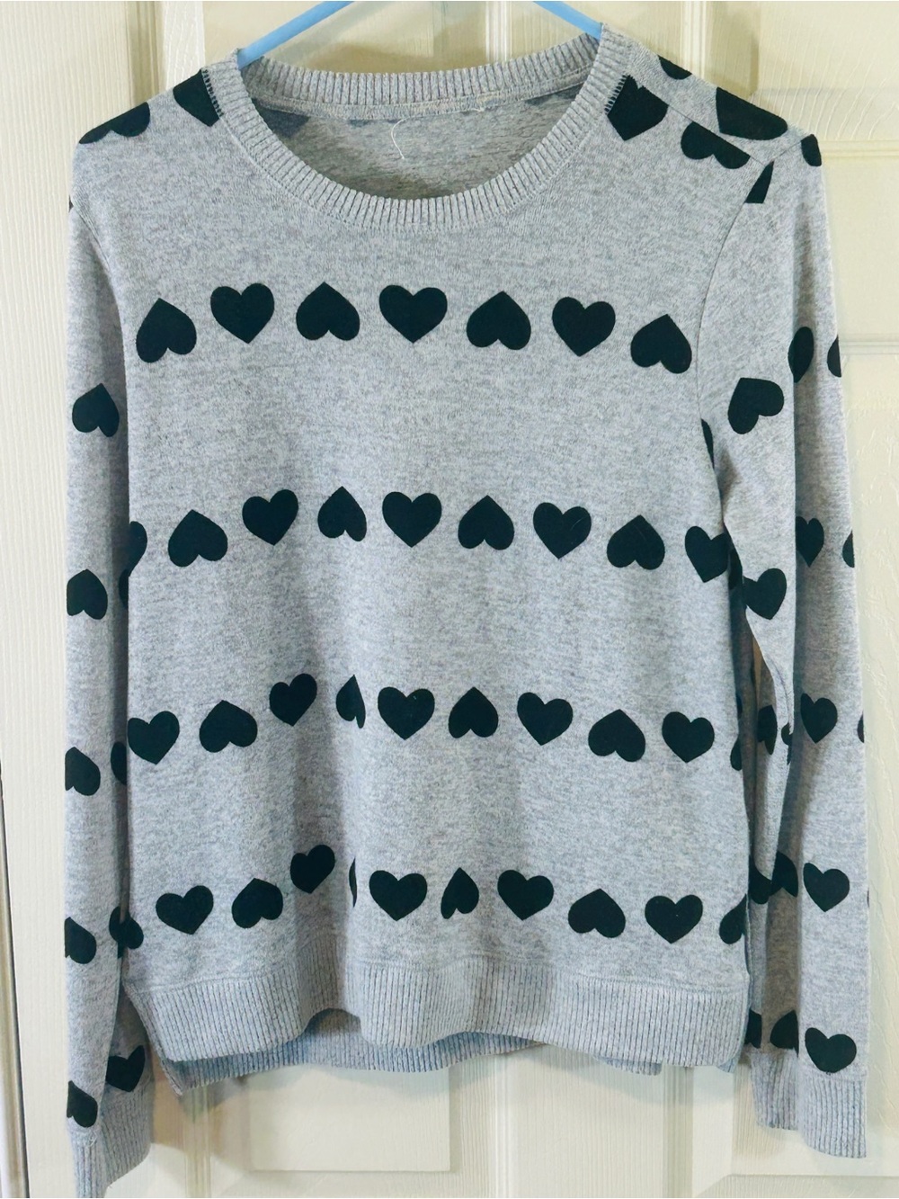 Women's Gray Crewneck Sweater with Black Heart Print